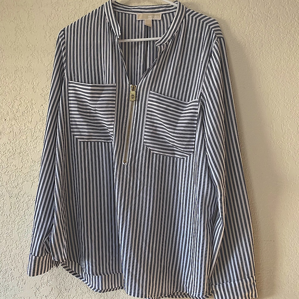 Michael Kors crepe white & navy striped blouse.
